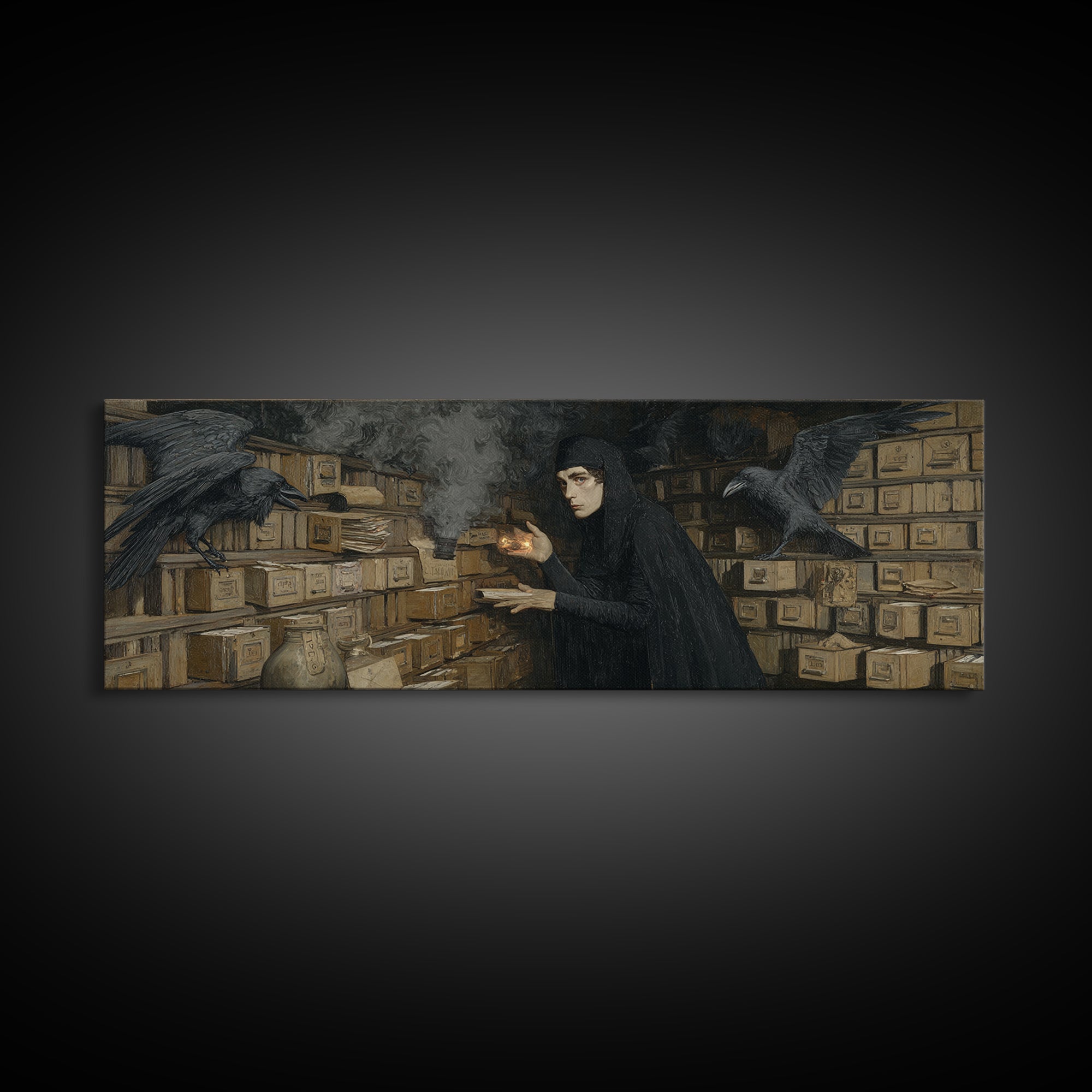 The Raven Post Office, Dark Symbolist Art, Extra Wide Wall Art, Dark Fantasy Wall Art, Canvas Print, Halloween Wall Art