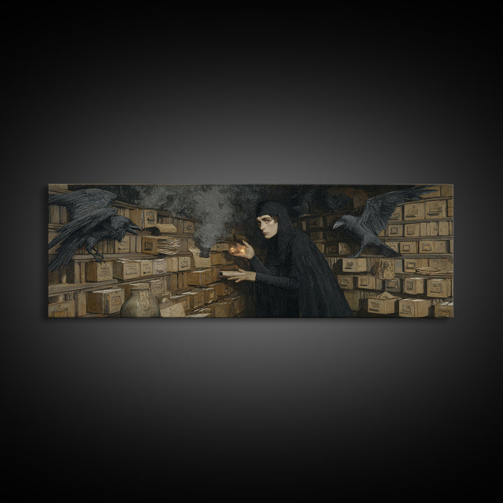 The Raven Post Office, Dark Symbolist Art, Extra Wide Wall Art, Dark Fantasy Wall Art, Canvas Print, Halloween Wall Art