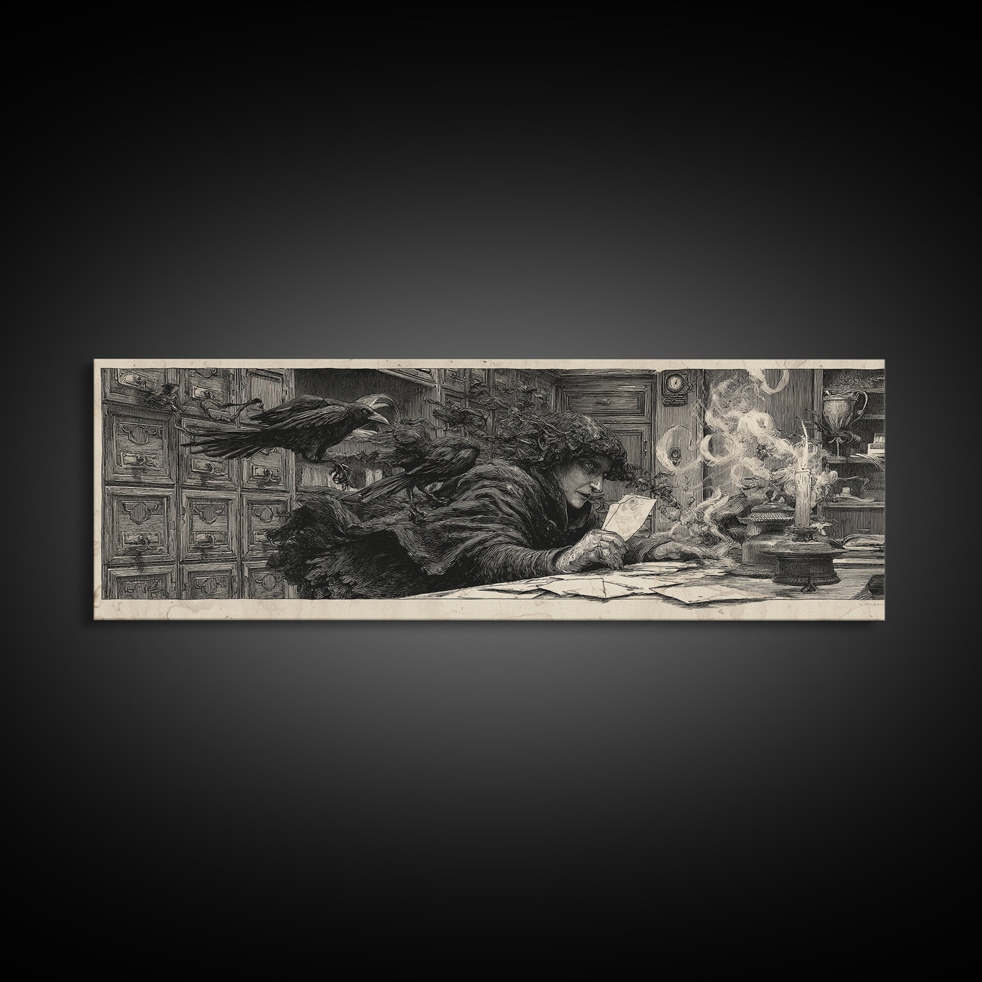 The Raven Post Office, Symbolist Etching Art, Extra Wide Wall Art, Dark Fantasy Wall Art, Canvas Print, Halloween Wall Art