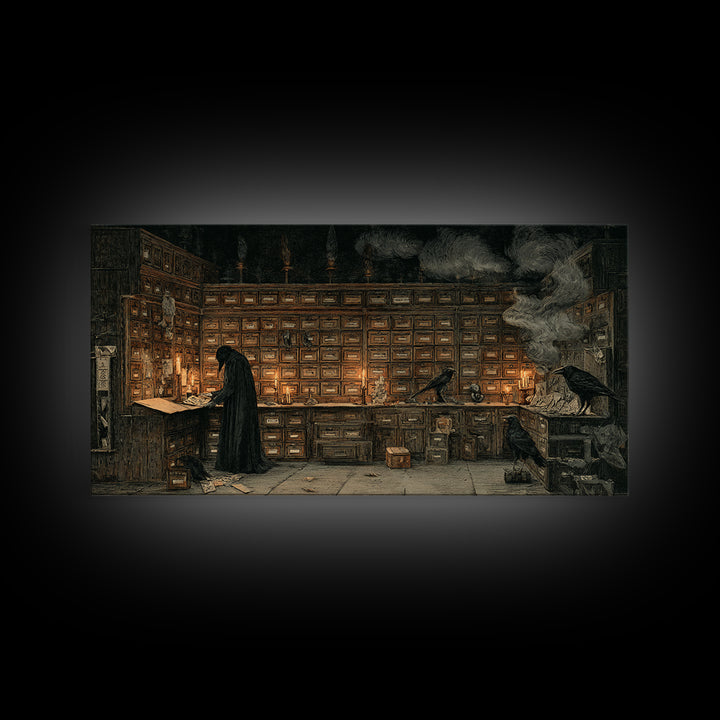 The Raven Post Office, Expressionist Nightmare Art, Wide Panoramic Art, Dark Fantasy Wall Art, Framed Canvas Print, Halloween Wall Art