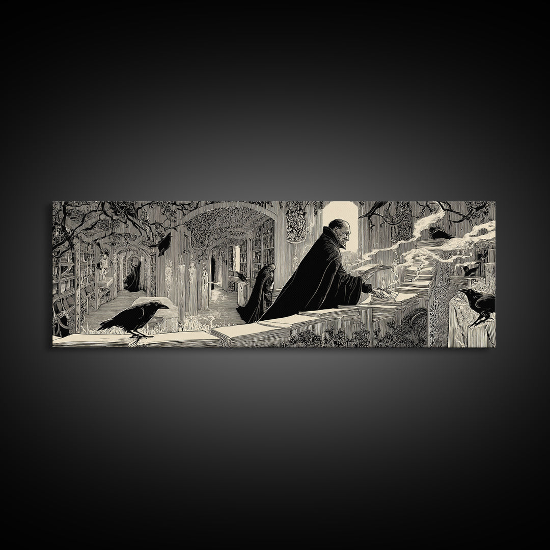 The Raven Post Office, Decadent Line Art, Extra Wide Wall Art, Macabre Wall Art, Framed Canvas Print, Halloween Wall Art