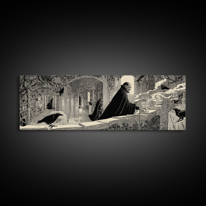 The Raven Post Office, Decadent Line Art, Extra Wide Wall Art, Macabre Wall Art, Framed Canvas Print, Halloween Wall Art