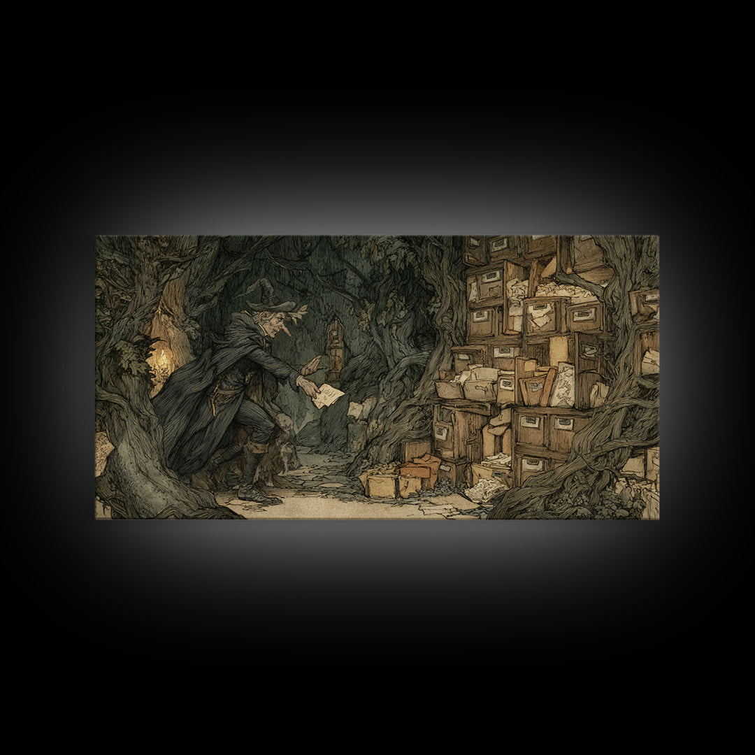 The Raven Post Office, Gothic Storybook Art, Wide Panoramic Art, Macabre Wall Art, Framed Canvas Print, Halloween Wall Art