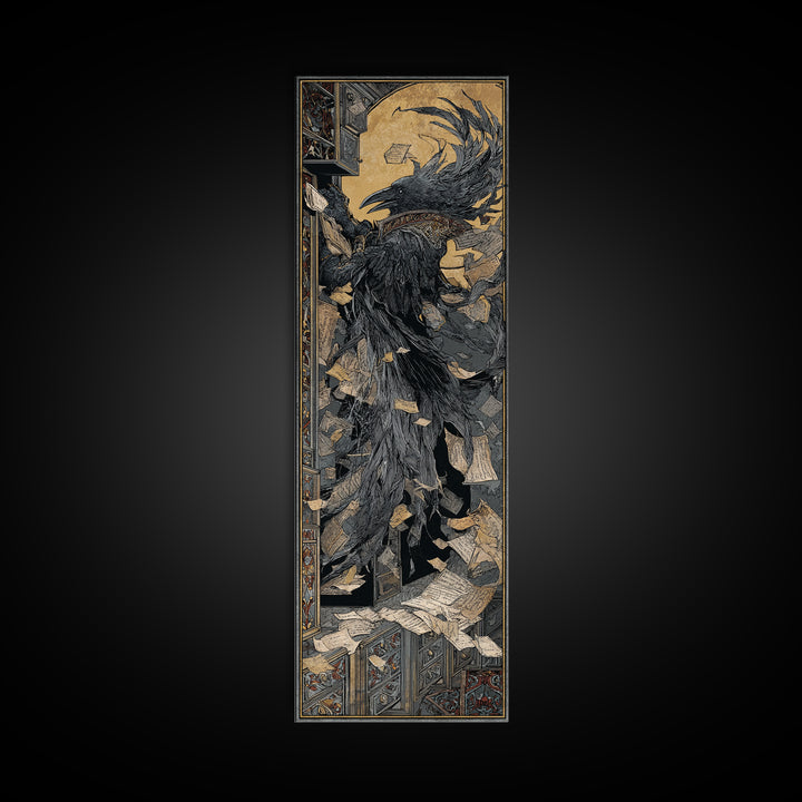 The Raven Post Office, Stained Glass Gothic Art, Tall Narrow Wall Art, Dark Fantasy Wall Art, Framed Canvas Print, Halloween Wall Art