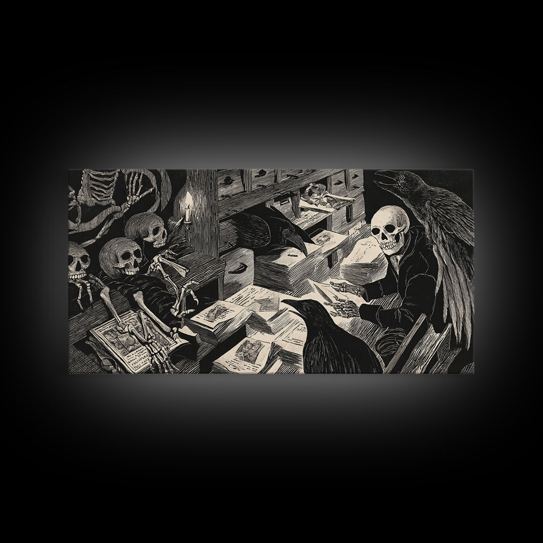 The Raven Post Office, Macabre Folk Print Art, Wide Panoramic Art, Gothic Horror Wall Art, Canvas Print, Halloween Wall Art