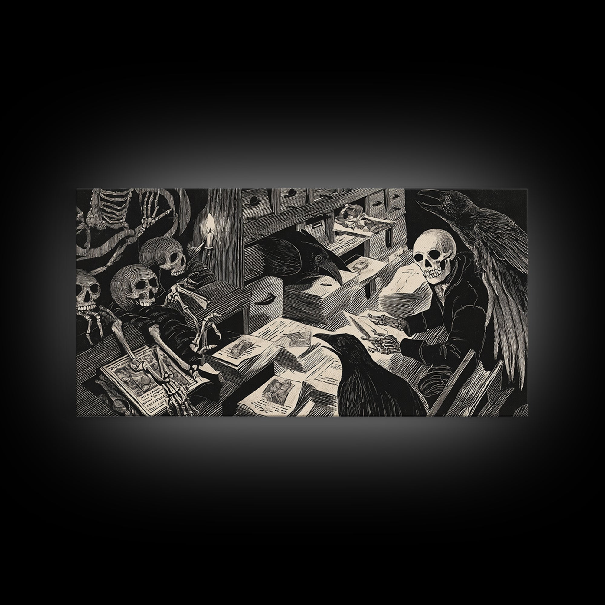 The Raven Post Office, Macabre Folk Print Art, Wide Panoramic Art, Gothic Horror Wall Art, Canvas Print, Halloween Wall Art
