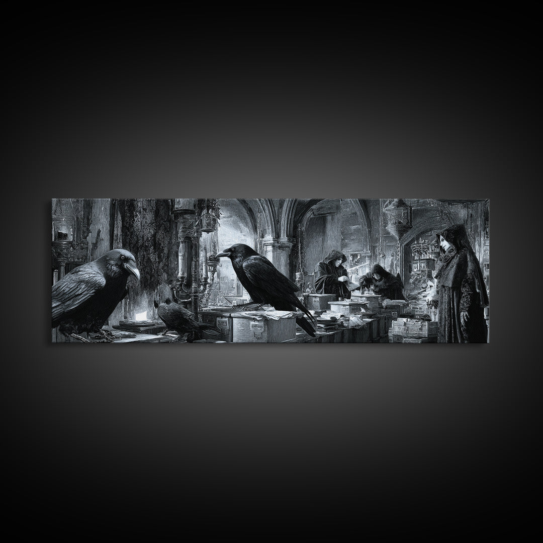 The Raven Post Office, Biomechanical Horror Art, Extra Wide Wall Art, Dark Halloween Decor, Framed Canvas Print, Halloween Wall Art