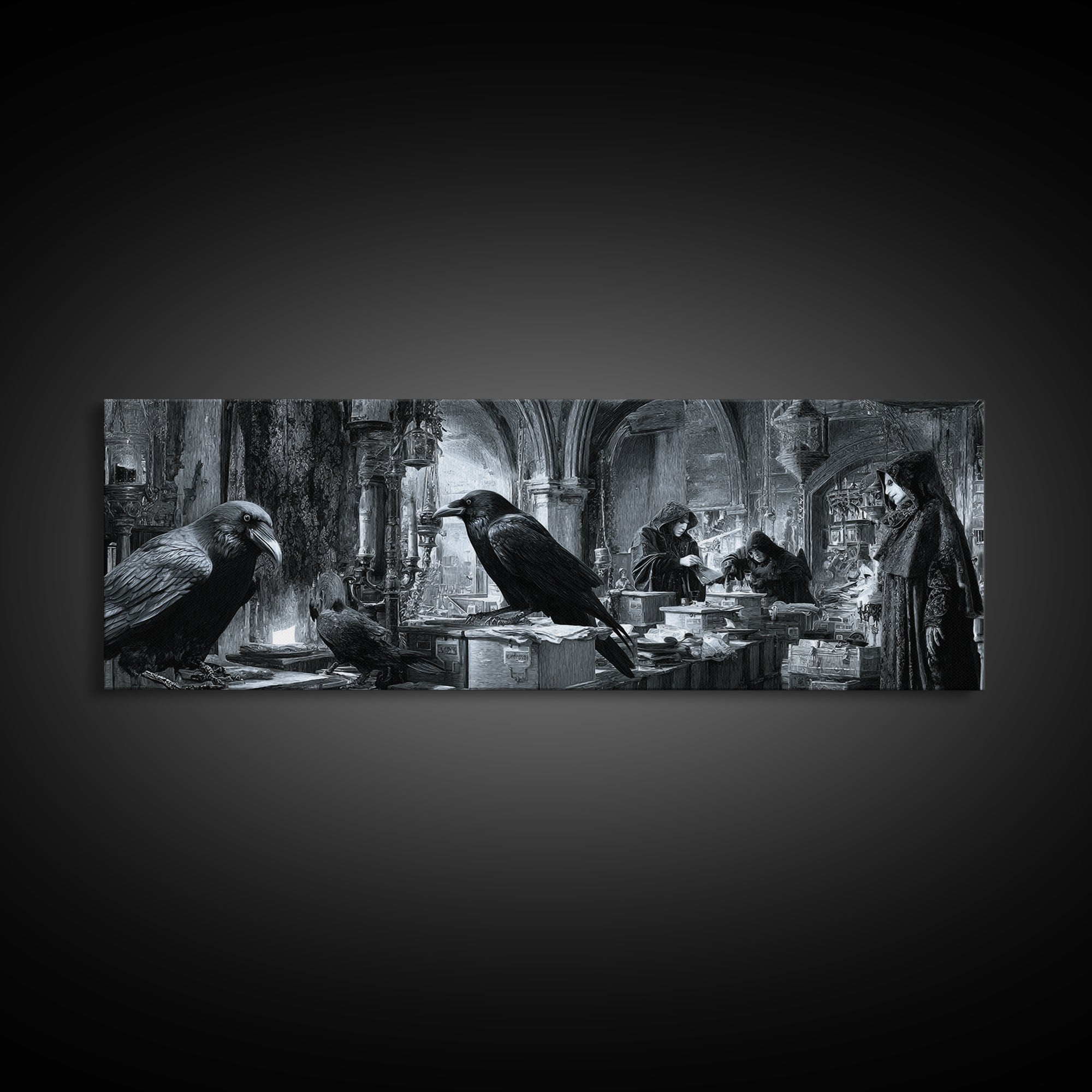 The Raven Post Office, Biomechanical Horror Art, Extra Wide Wall Art, Dark Halloween Decor, Framed Canvas Print, Halloween Wall Art