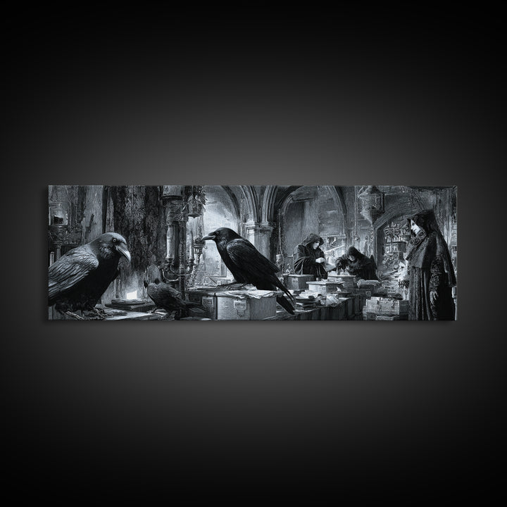 The Raven Post Office, Biomechanical Horror Art, Extra Wide Wall Art, Dark Halloween Decor, Framed Canvas Print, Halloween Wall Art