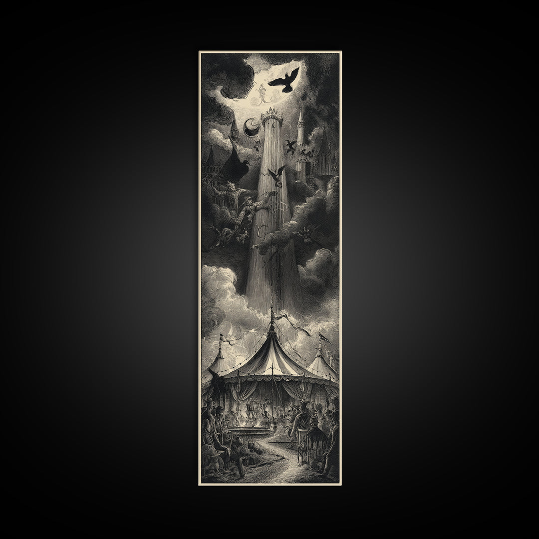 The Jack-O'-Lantern Circus, Gothic Engraving Art, Tall Narrow Wall Art, Gothic Horror Wall Art, Framed Canvas Print, Halloween Wall Art