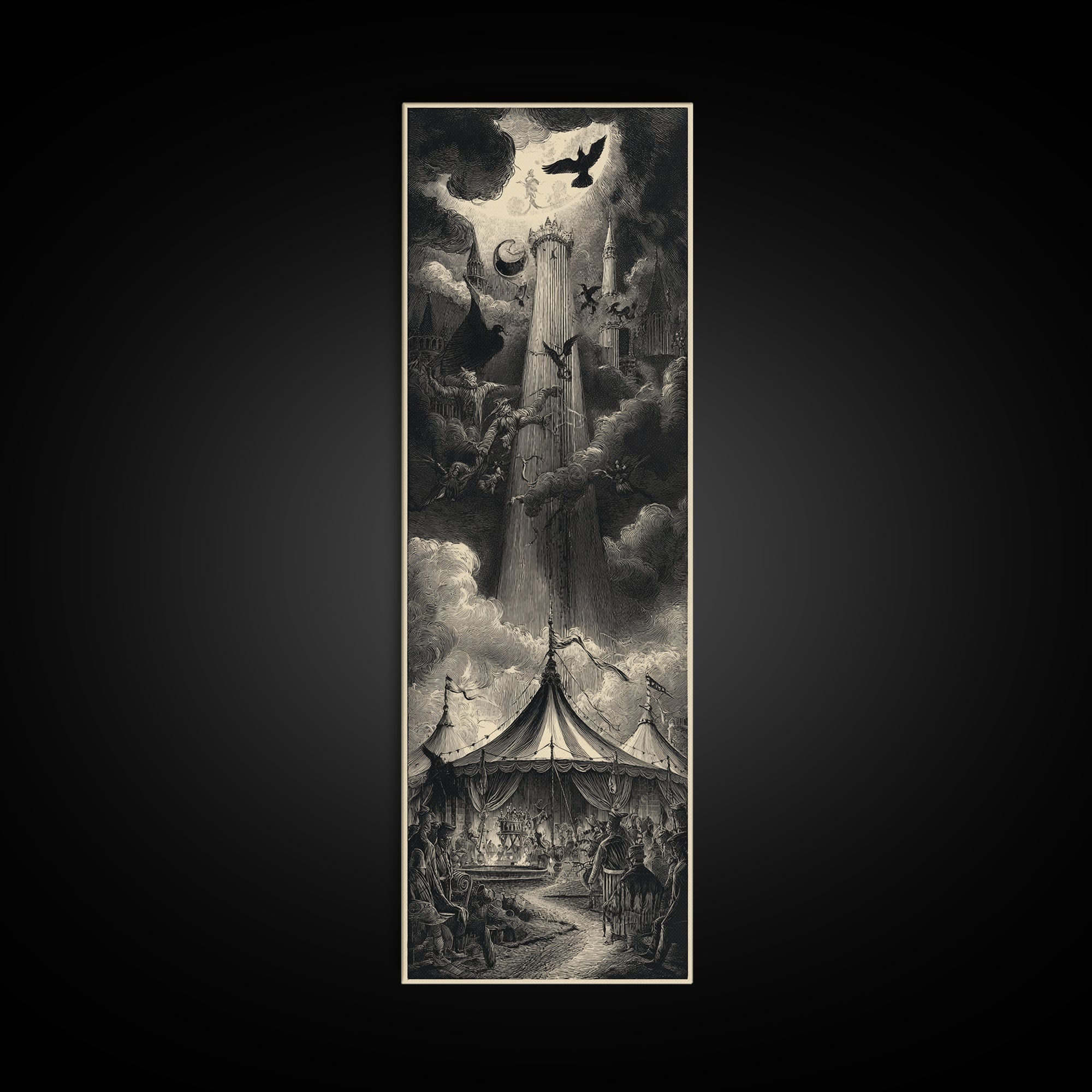 The Jack-O'-Lantern Circus, Gothic Engraving Art, Tall Narrow Wall Art, Gothic Horror Wall Art, Framed Canvas Print, Halloween Wall Art