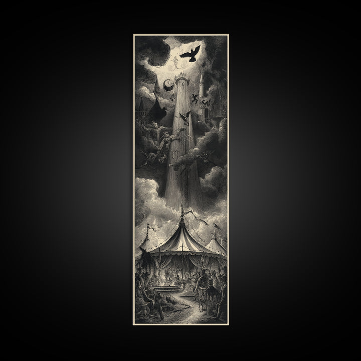 The Jack-O'-Lantern Circus, Gothic Engraving Art, Tall Narrow Wall Art, Gothic Horror Wall Art, Framed Canvas Print, Halloween Wall Art