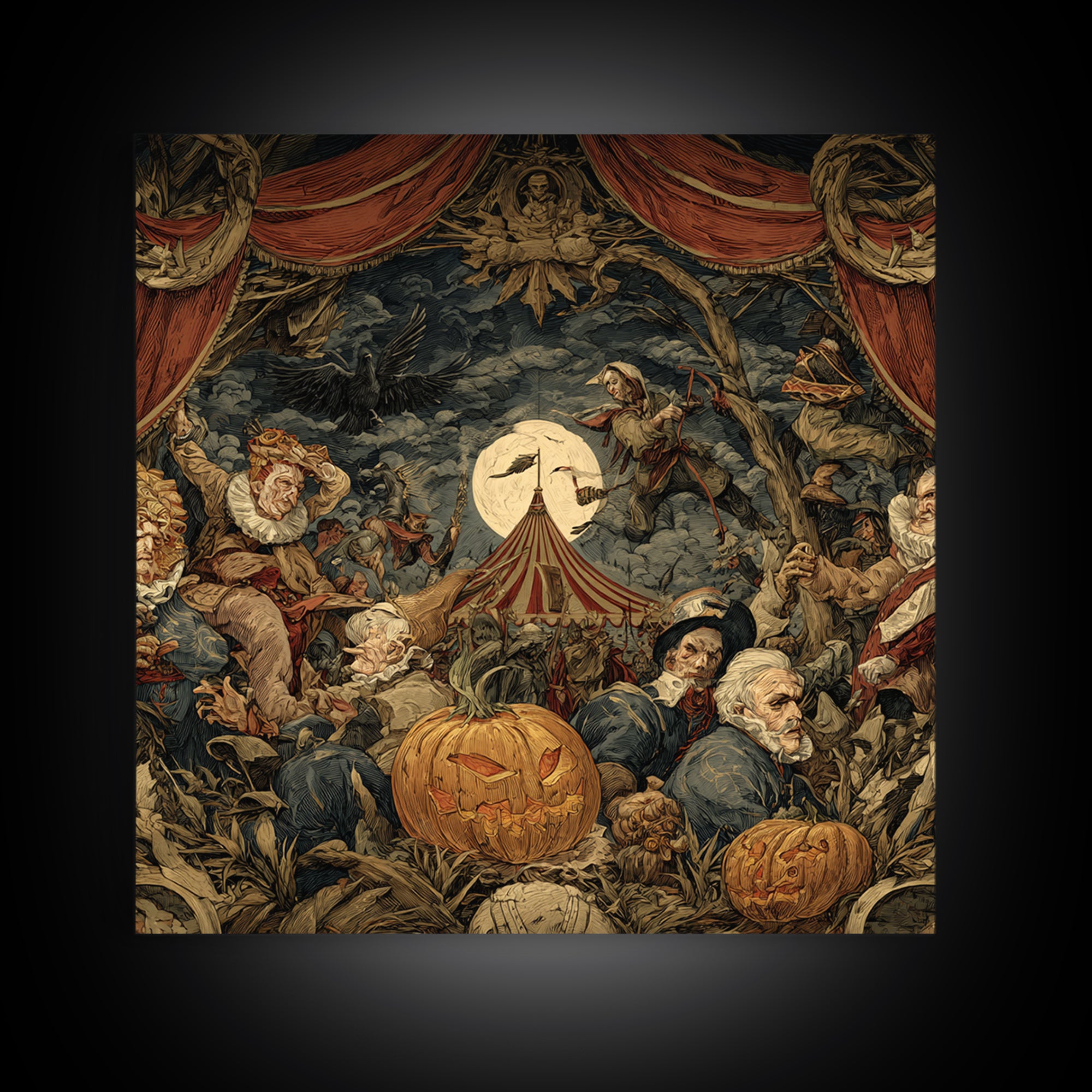 The Jack-O'-Lantern Circus, Dark Renaissance Art, Square Wall Art, Gothic Horror Wall Art, Framed Canvas Print
