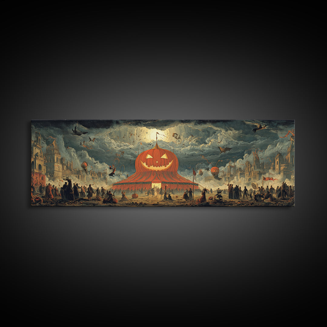 The Jack-O'-Lantern Circus, Apocalyptic Romantic Art, Extra Wide Wall Art, Macabre Wall Art, Canvas Print, Halloween Wall Art