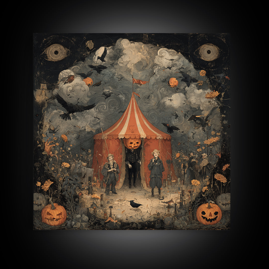 The Jack-O'-Lantern Circus, Symbolist Dream Art, Square Wall Art, Dark Halloween Decor, Framed Canvas Print, Halloween Wall Art