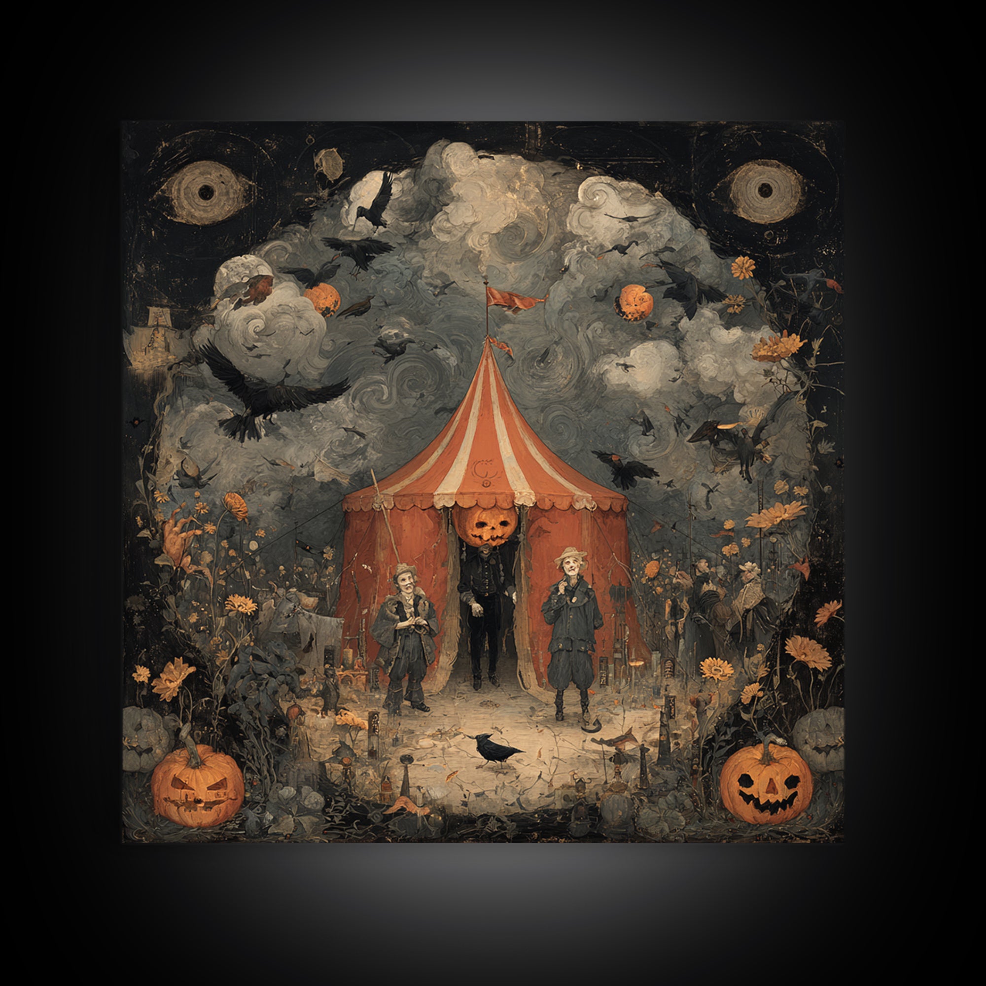 The Jack-O'-Lantern Circus, Symbolist Dream Art, Square Wall Art, Dark Halloween Decor, Framed Canvas Print, Halloween Wall Art