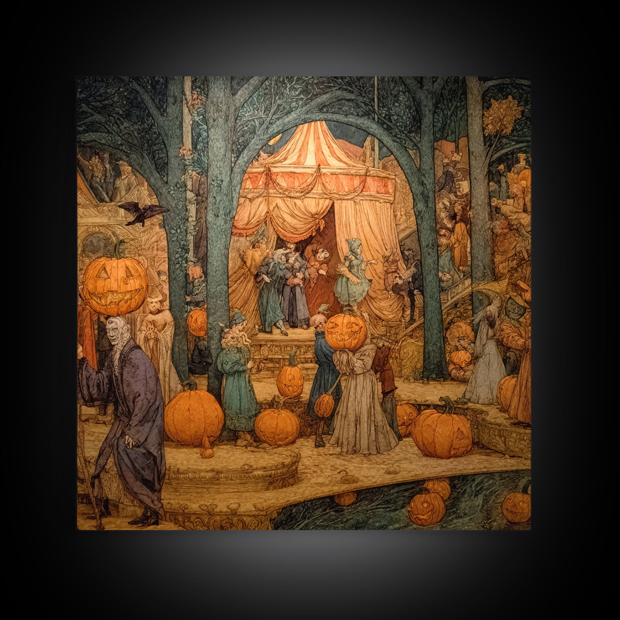 The Jack-O'-Lantern Circus, Ornate Symbolist Art, Square Wall Art, Gothic Horror Wall Art, Framed Canvas Print, Halloween Wall Art