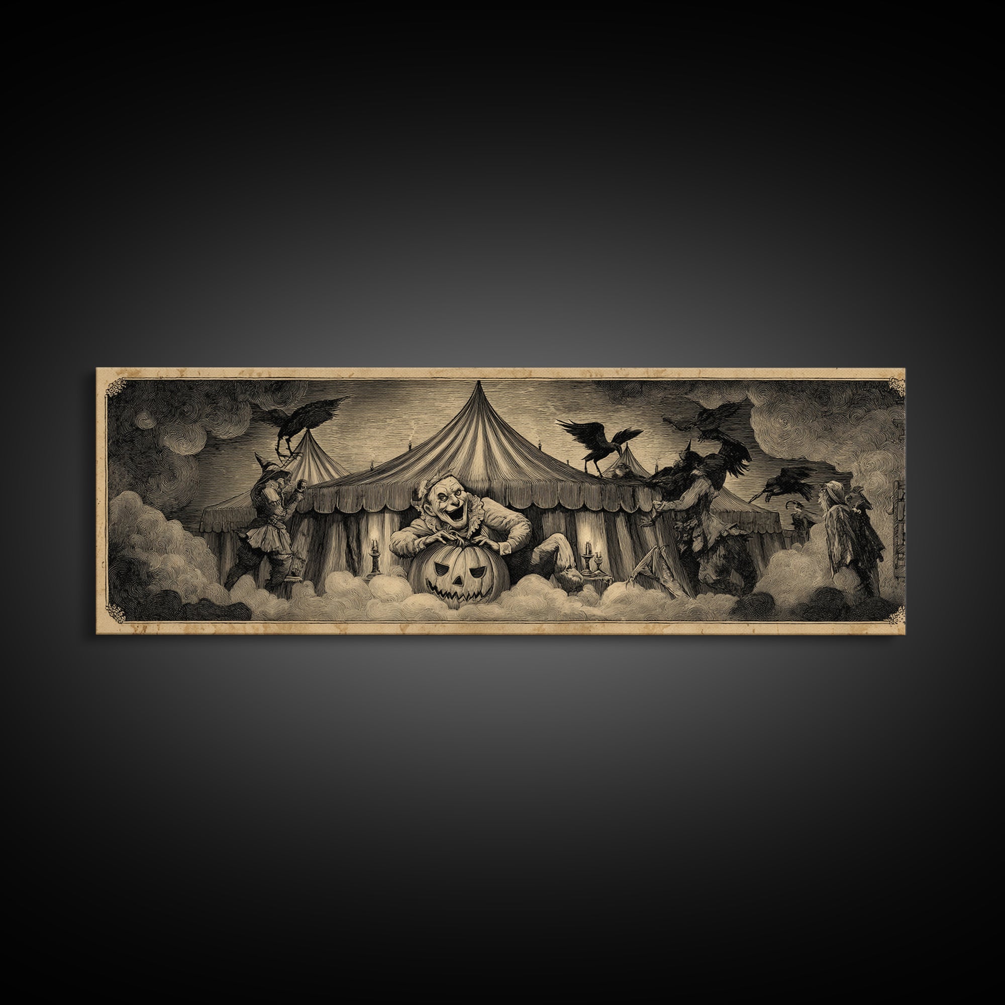 The Jack-O'-Lantern Circus, Expressionist Nightmare Art, Extra Wide Wall Art, Dark Halloween Decor, Framed Canvas Print, Halloween Wall Art