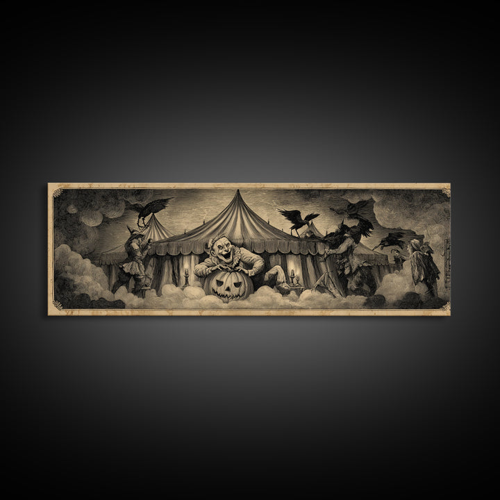 The Jack-O'-Lantern Circus, Expressionist Nightmare Art, Extra Wide Wall Art, Dark Halloween Decor, Framed Canvas Print, Halloween Wall Art
