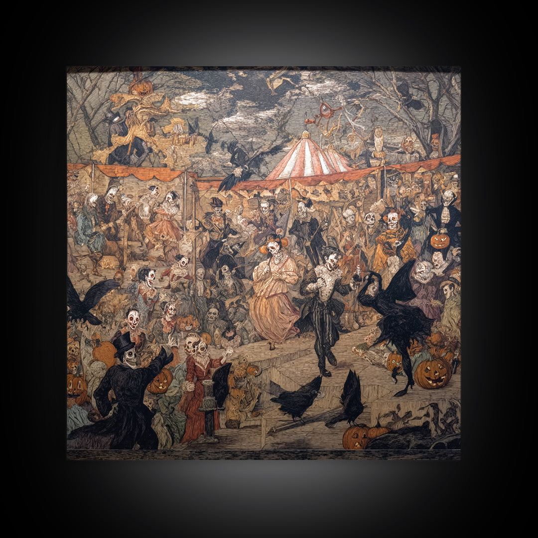 The Jack-O'-Lantern Circus, Grotesque Carnival Art, Square Wall Art, Macabre Wall Art, Framed Canvas Print, Halloween Wall Art