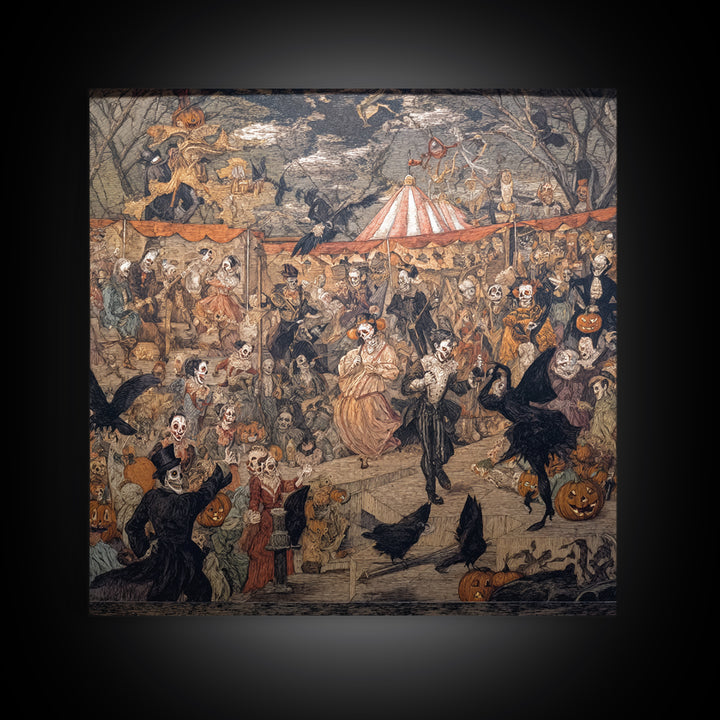 The Jack-O'-Lantern Circus, Grotesque Carnival Art, Square Wall Art, Macabre Wall Art, Framed Canvas Print, Halloween Wall Art