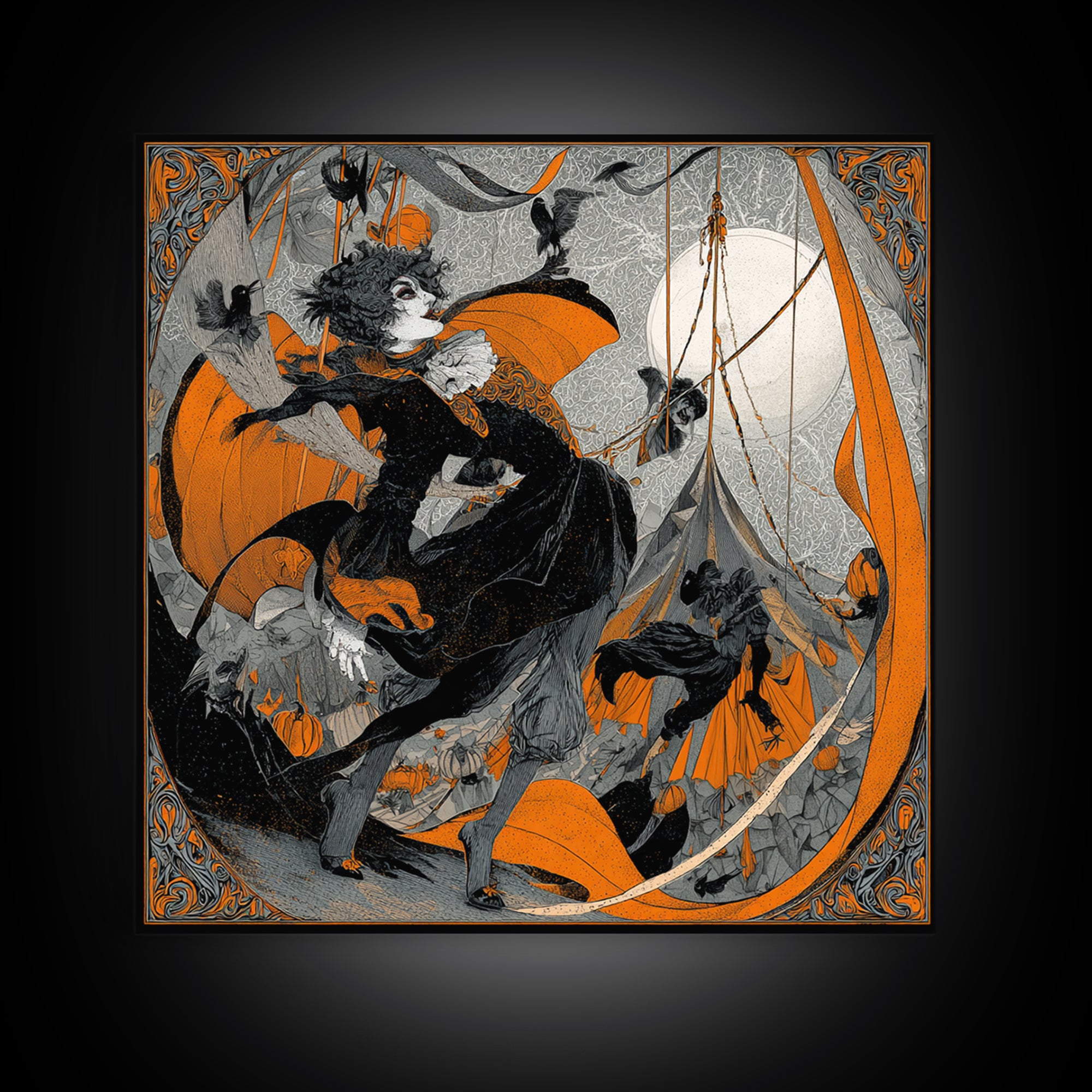 The Jack-O'-Lantern Circus, Decadent Line Art, Square Wall Art, Dark Fantasy Wall Art, Framed Canvas Print, Halloween Wall Art
