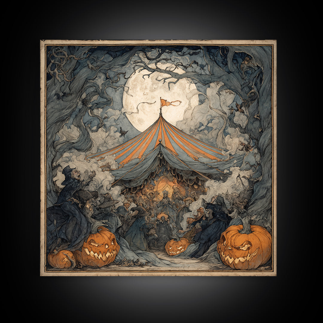 The Jack-O'-Lantern Circus, Gothic Storybook Art, Square Wall Art, Dark Halloween Decor, Framed Canvas Print, Halloween Wall Art