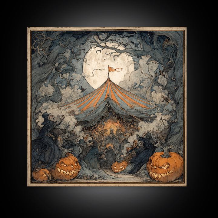 The Jack-O'-Lantern Circus, Gothic Storybook Art, Square Wall Art, Dark Halloween Decor, Framed Canvas Print, Halloween Wall Art