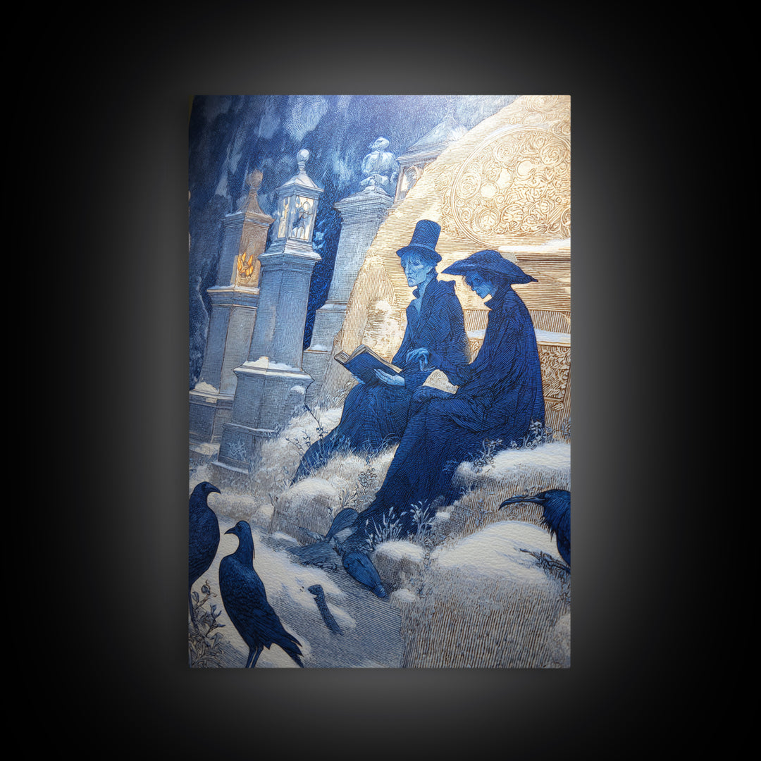 The Graveyard Book Club, Symbolist Death Art, Vertical Wall Art, Macabre Wall Art, Framed Canvas Print, Halloween Wall Art