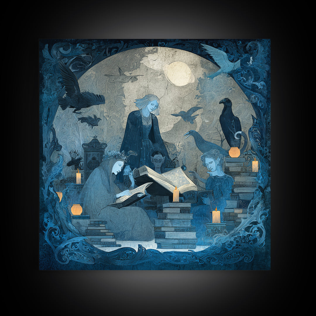 The Graveyard Book Club, Dark Symbolist Art, Square Wall Art, Macabre Wall Art, Framed Canvas Print, Halloween Wall Art