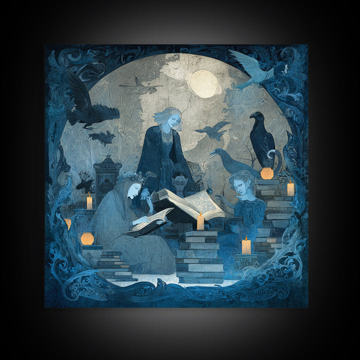 The Graveyard Book Club, Dark Symbolist Art, Square Wall Art, Macabre Wall Art, Framed Canvas Print, Halloween Wall Art
