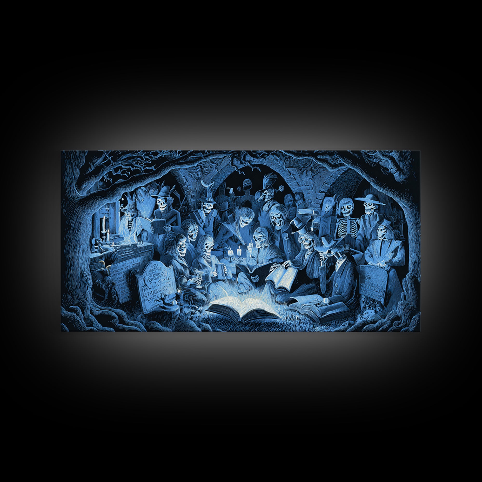 The Graveyard Book Club, Macabre Folk Print Art, Wide Panoramic Art, Macabre Wall Art, Canvas Print, Halloween Wall Art