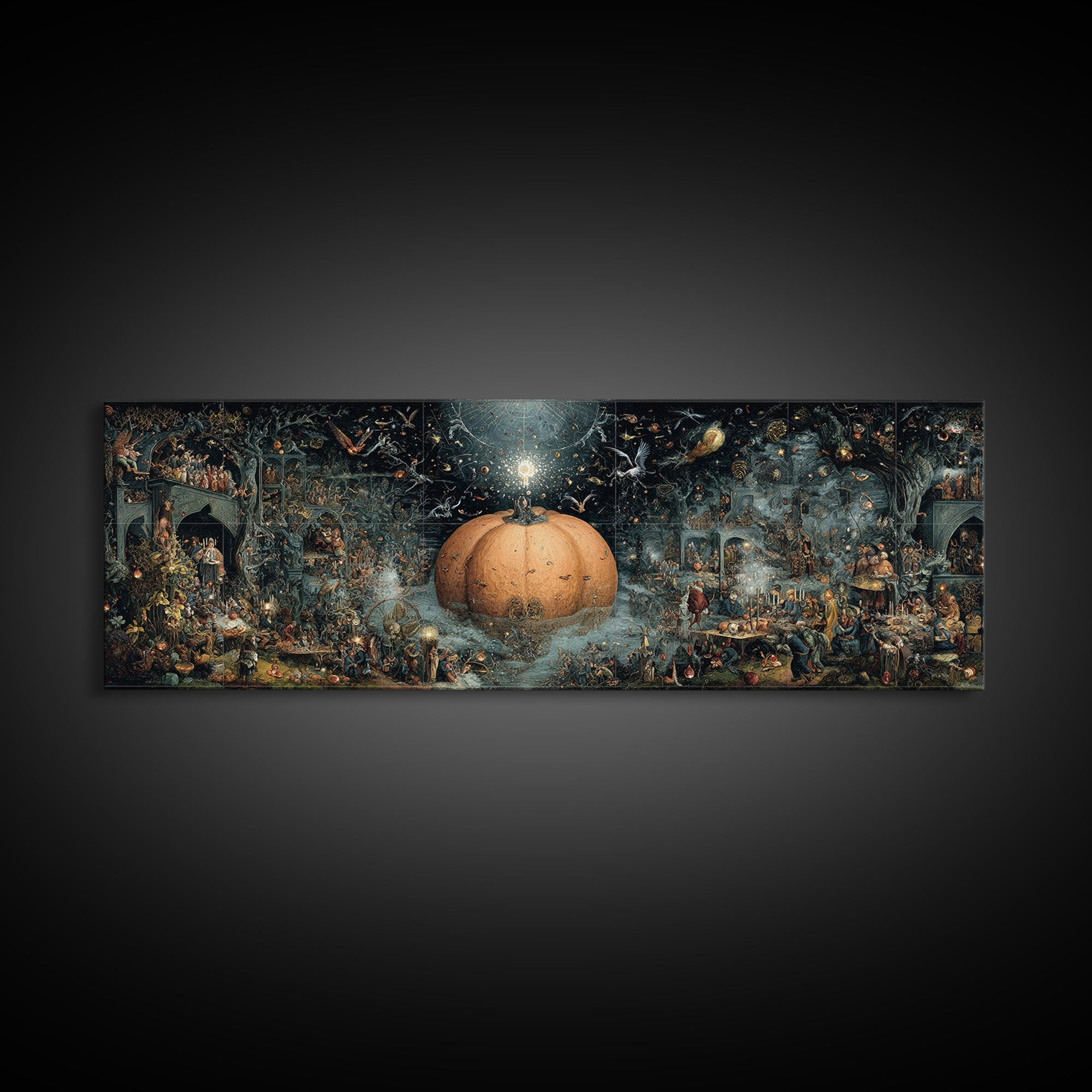 The Cosmic Pumpkin God, Medieval Grotesque Art, Extra Wide Wall Art, Gothic Horror Wall Art, Canvas Print, Halloween Wall Art