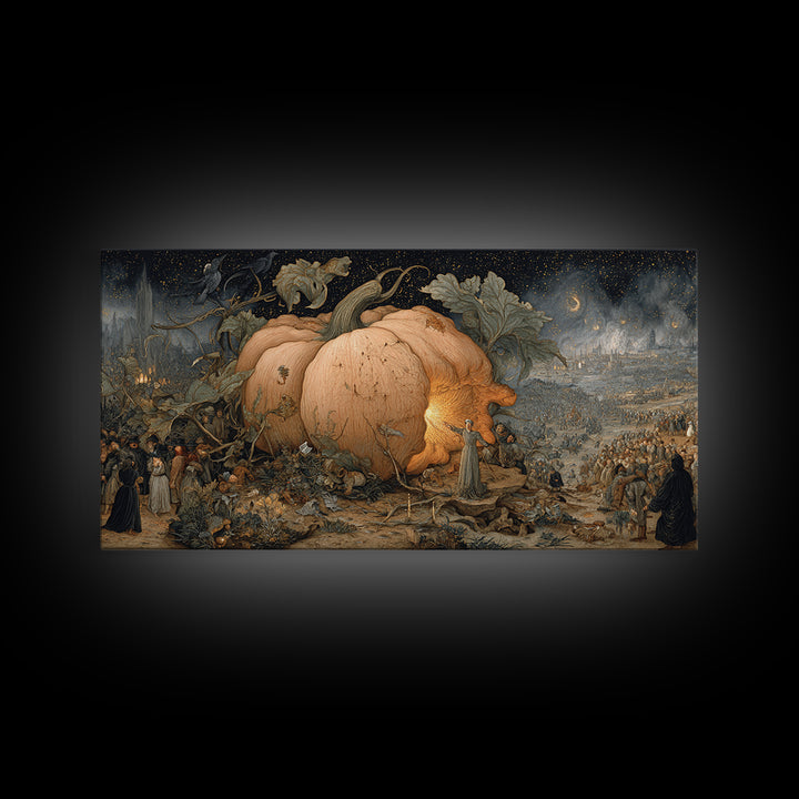 The Cosmic Pumpkin God, Northern Renaissance Horror, Wide Panoramic Art, Dark Fantasy Wall Art, Canvas Print, Halloween Wall Art