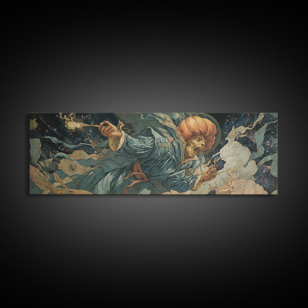 The Cosmic Pumpkin God, Dark Renaissance Art, Extra Wide Wall Art, Macabre Wall Art, Framed Canvas Print, Halloween Wall Art