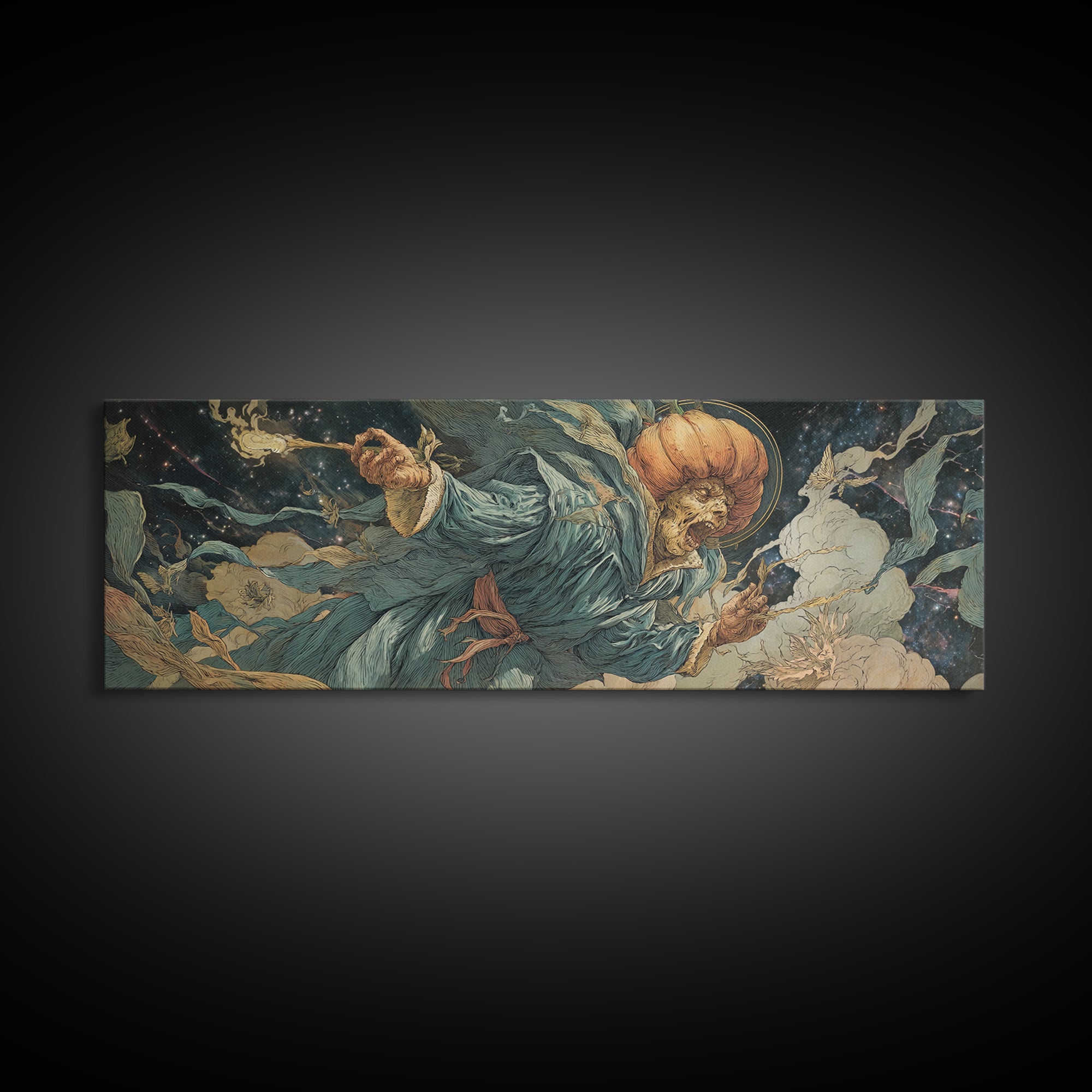 The Cosmic Pumpkin God, Dark Renaissance Art, Extra Wide Wall Art, Macabre Wall Art, Framed Canvas Print, Halloween Wall Art