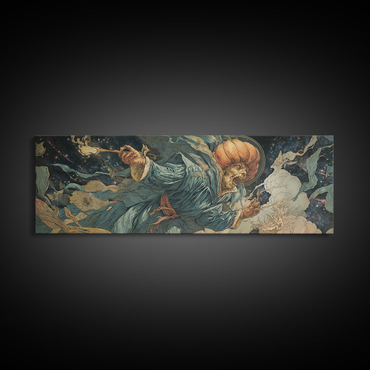 The Cosmic Pumpkin God, Dark Renaissance Art, Extra Wide Wall Art, Macabre Wall Art, Framed Canvas Print, Halloween Wall Art