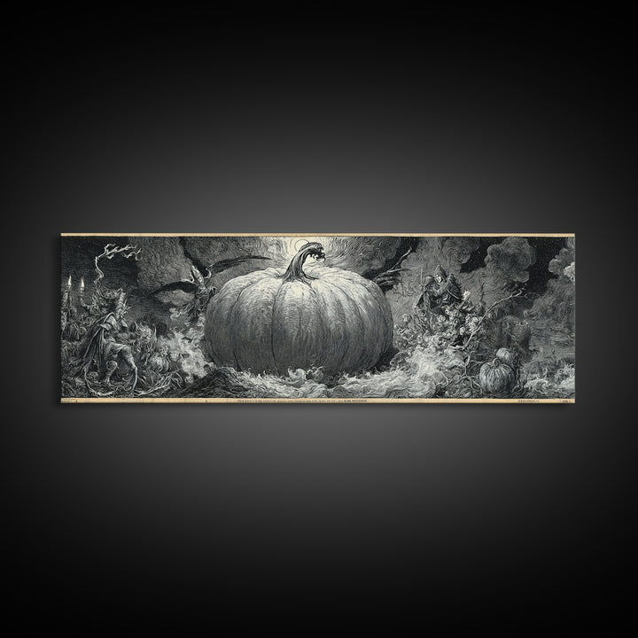 The Cosmic Pumpkin God, Renaissance Engraving Art, Extra Wide Wall Art, Macabre Wall Art, Framed Canvas Print, Halloween Wall Art