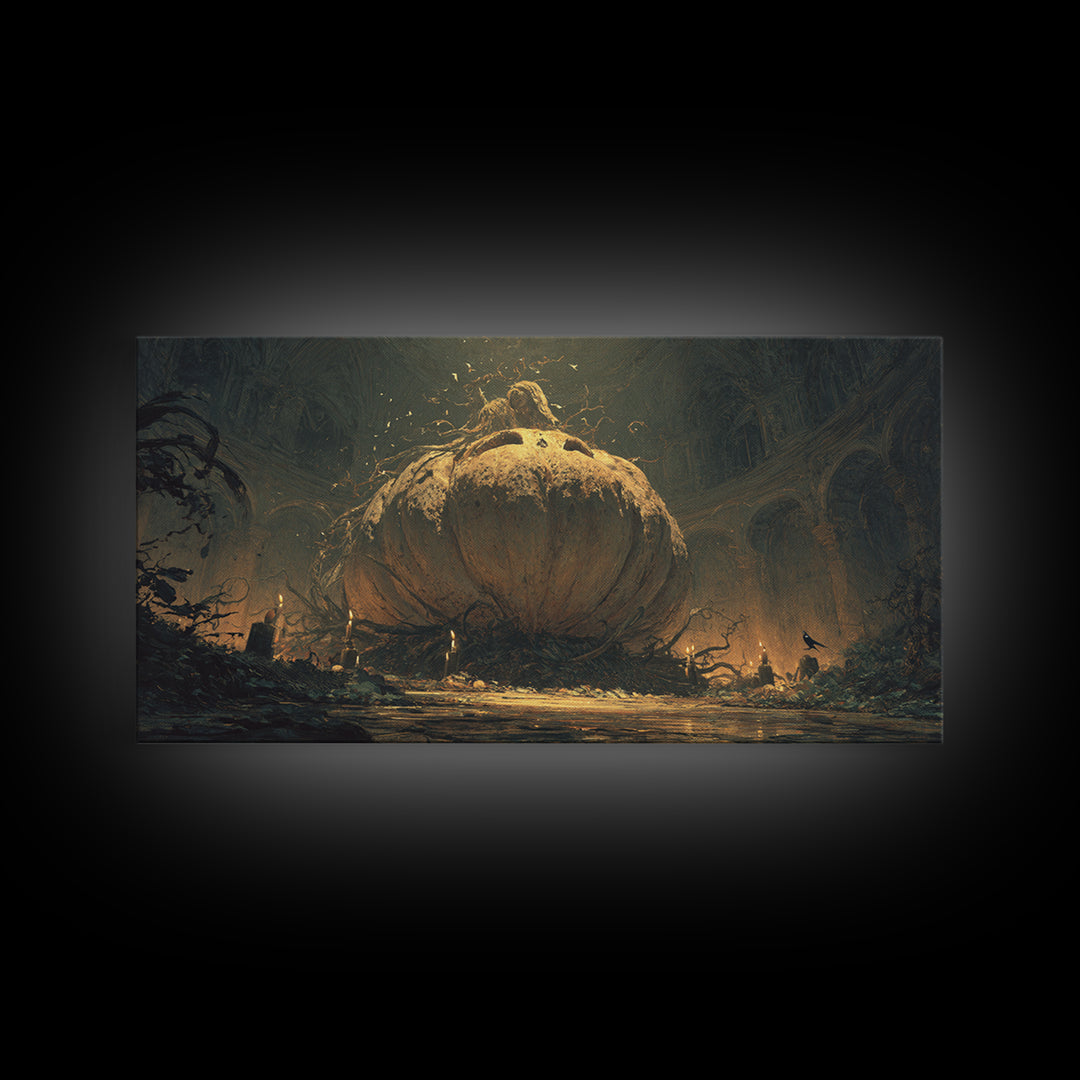 The Cosmic Pumpkin God, Dark Romantic Horror Art, Wide Panoramic Art, Gothic Horror Wall Art, Framed Canvas Print, Halloween Wall Art