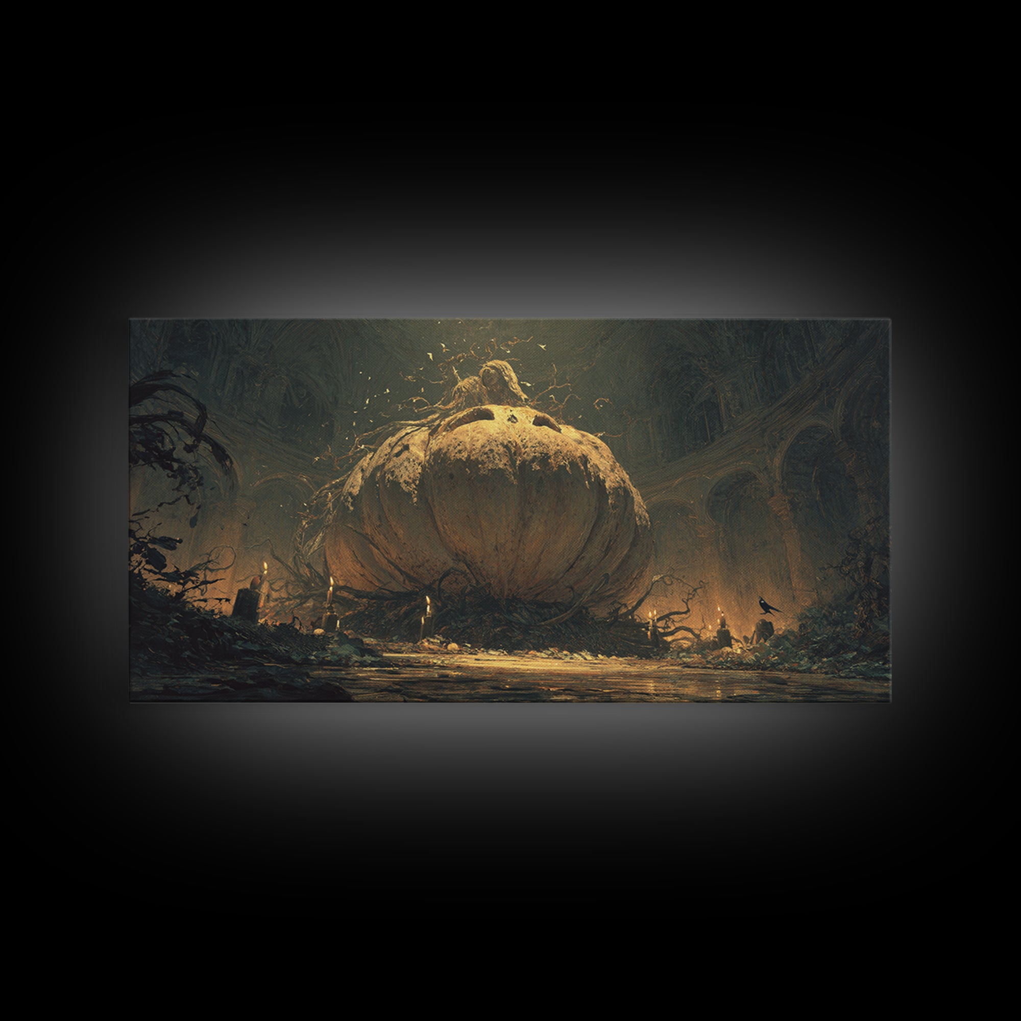 The Cosmic Pumpkin God, Dark Romantic Horror Art, Wide Panoramic Art, Gothic Horror Wall Art, Framed Canvas Print, Halloween Wall Art