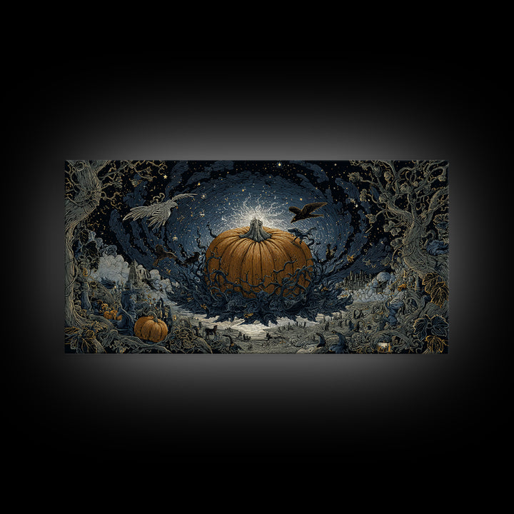 The Cosmic Pumpkin God, Romantic Gothic Landscape, Wide Panoramic Art, Macabre Wall Art, Framed Canvas Print, Halloween Wall Art