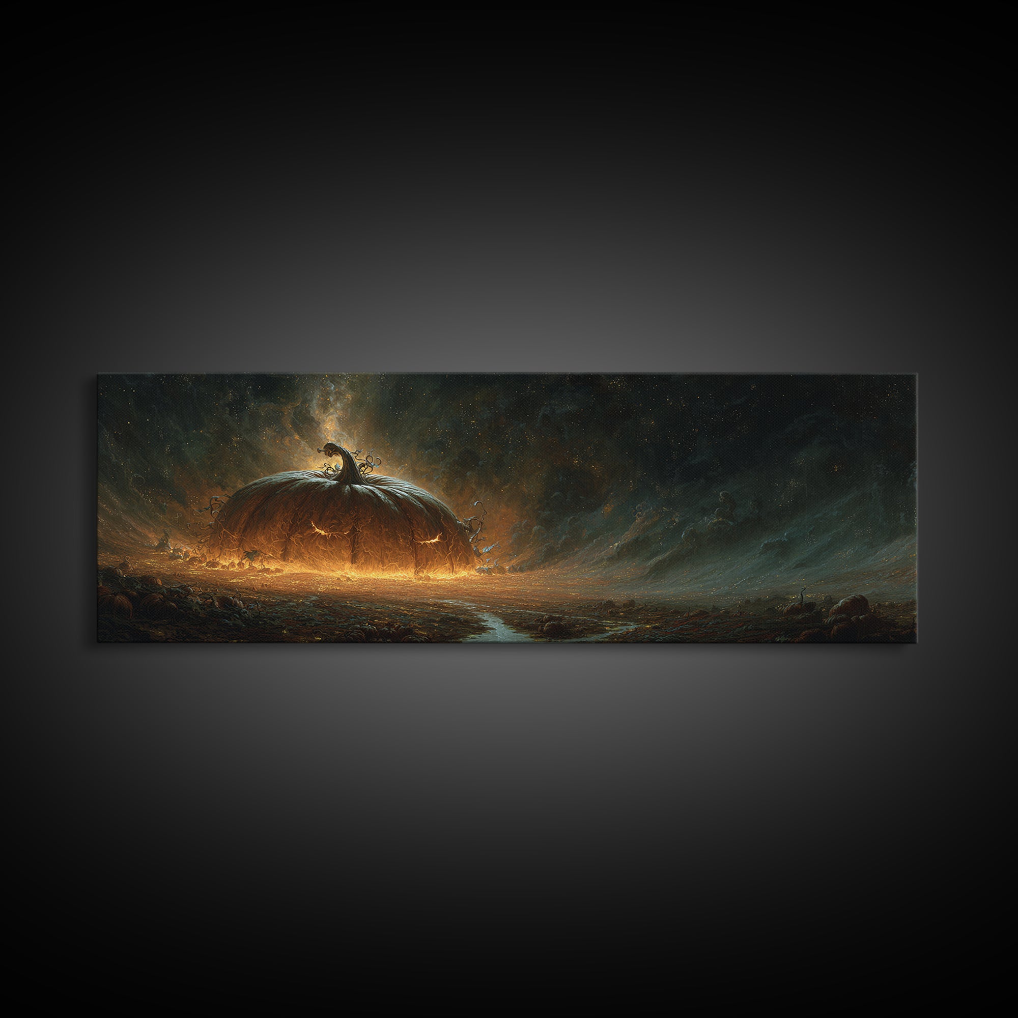 The Cosmic Pumpkin God, Apocalyptic Romantic Art, Extra Wide Wall Art, Macabre Wall Art, Framed Canvas Print, Halloween Wall Art