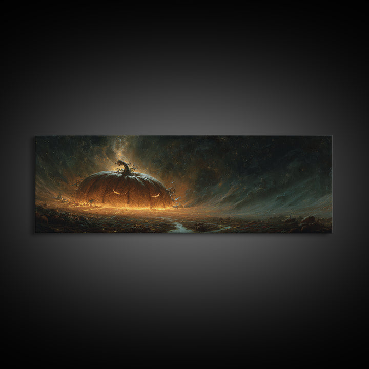 The Cosmic Pumpkin God, Apocalyptic Romantic Art, Extra Wide Wall Art, Macabre Wall Art, Framed Canvas Print, Halloween Wall Art