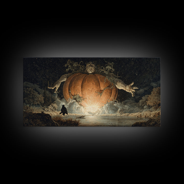 The Cosmic Pumpkin God, Symbolist Gothic Landscape, Wide Panoramic Art, Dark Halloween Decor, Canvas Print, Halloween Wall Art