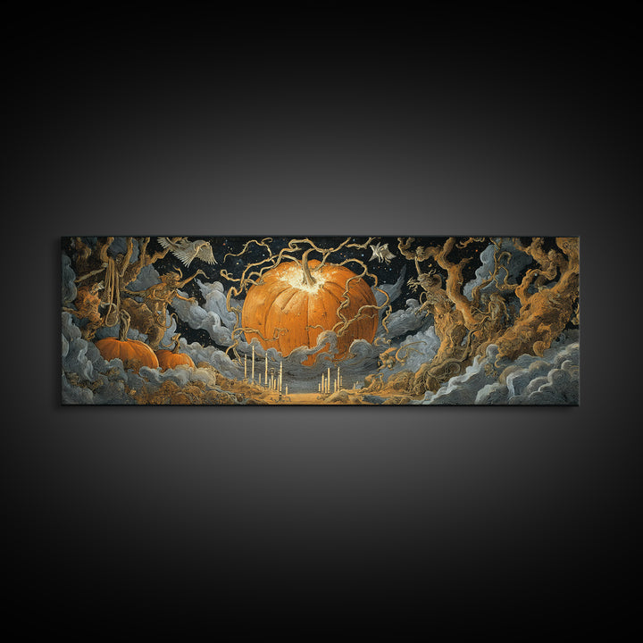 The Cosmic Pumpkin God, Symbolist Etching Art, Extra Wide Wall Art, Dark Halloween Decor, Framed Canvas Print, Halloween Wall Art