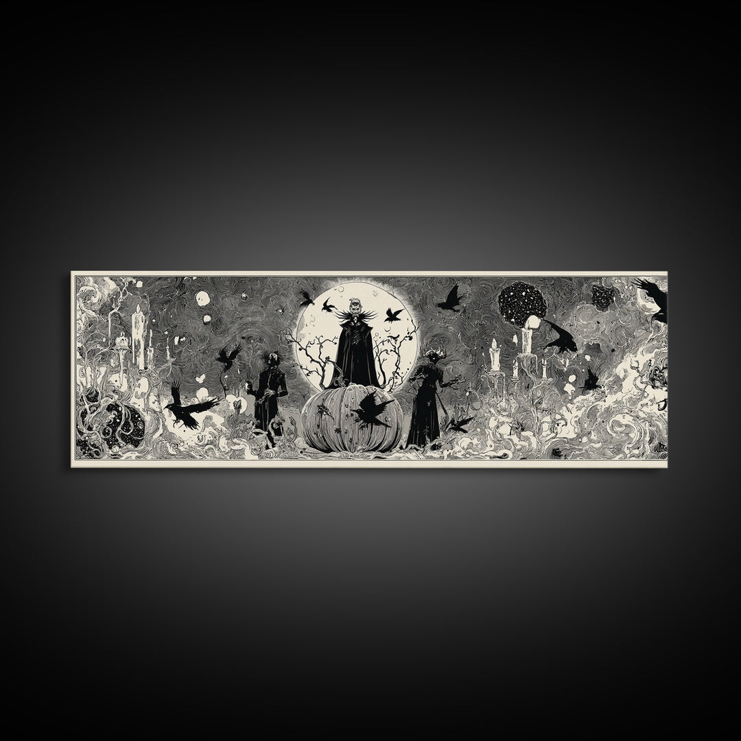The Cosmic Pumpkin God, Decadent Line Art, Extra Wide Wall Art, Gothic Horror Wall Art, Canvas Print, Halloween Wall Art