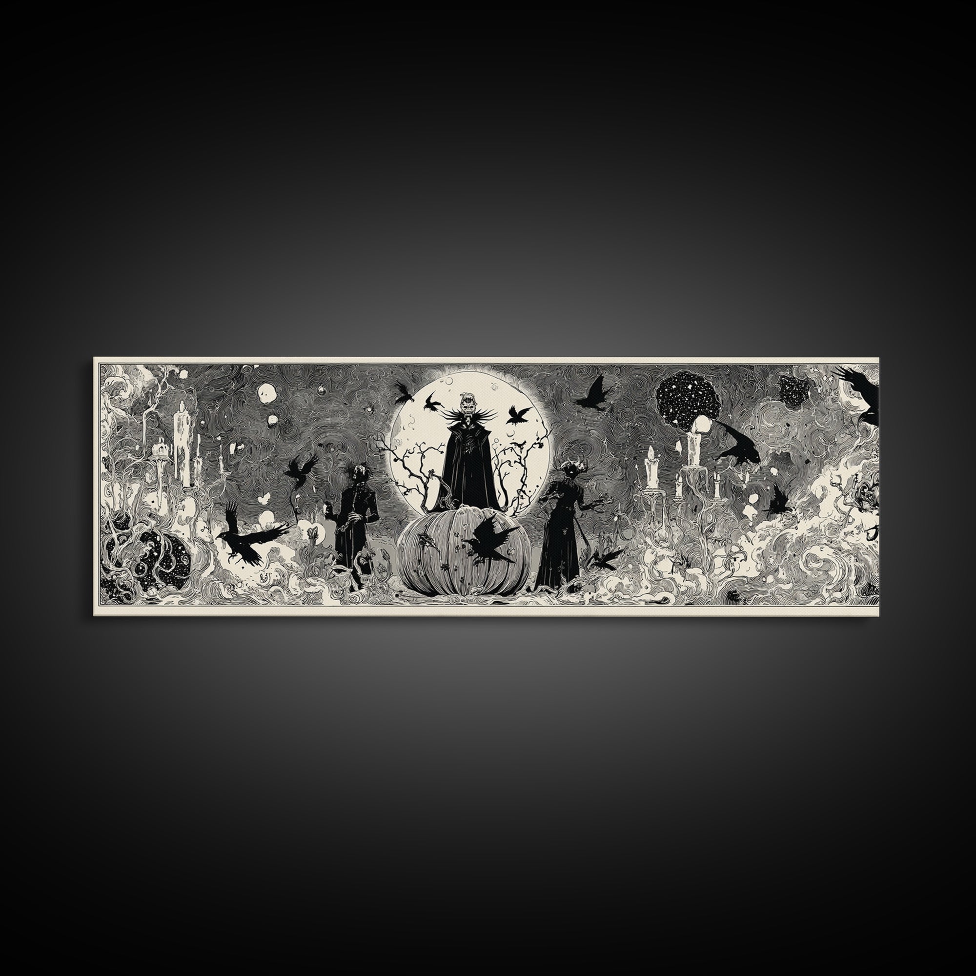 The Cosmic Pumpkin God, Decadent Line Art, Extra Wide Wall Art, Gothic Horror Wall Art, Canvas Print, Halloween Wall Art