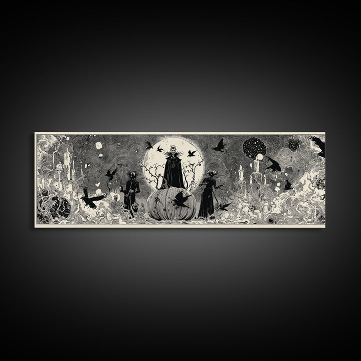 The Cosmic Pumpkin God, Decadent Line Art, Extra Wide Wall Art, Gothic Horror Wall Art, Canvas Print, Halloween Wall Art