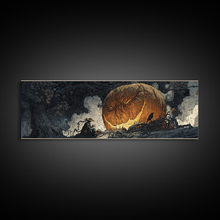 The Cosmic Pumpkin God, Gothic Storybook Art, Extra Wide Wall Art, Dark Fantasy Wall Art, Framed Canvas Print, Halloween Wall Art