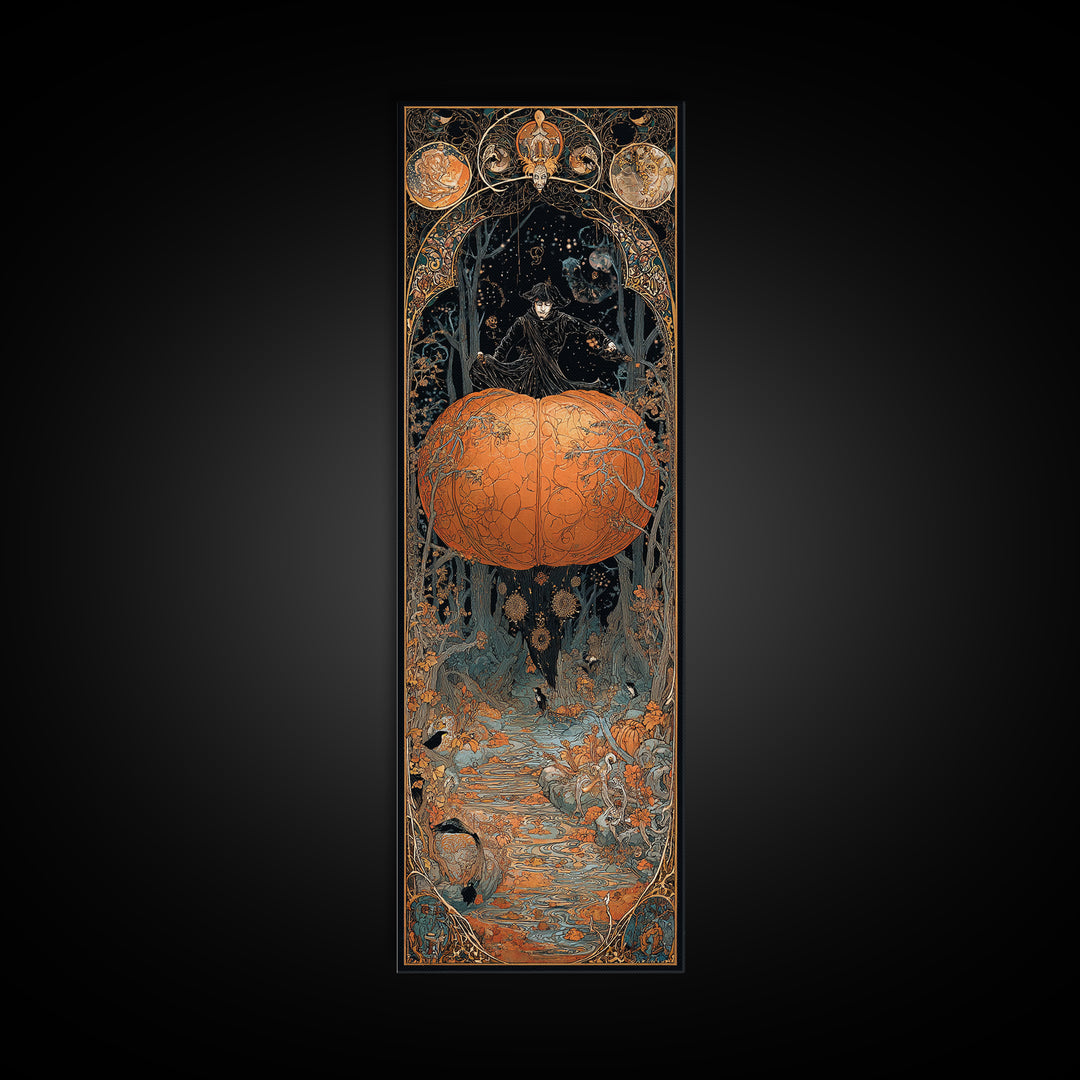 The Cosmic Pumpkin God, Stained Glass Gothic Art, Tall Narrow Wall Art, Dark Fantasy Wall Art, Canvas Print, Halloween Wall Art